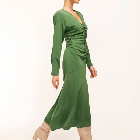 EQUIPMENT FEMME‎ Arya Green Silk Ruched Midi Dress Elegant Old Money Chic - Picture 3 of 16